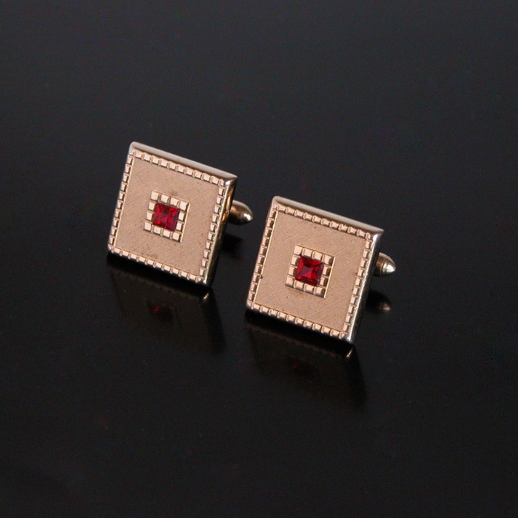 Vtg Modern Red Jeweled Swank Gold Tone Cufflinks